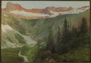 Landscape portrays a glacial cirque high in the mountains. Numerous small waterfalls flow from the glacier down into a river at the foreground of the landscape. Fir trees are at the right foreground.